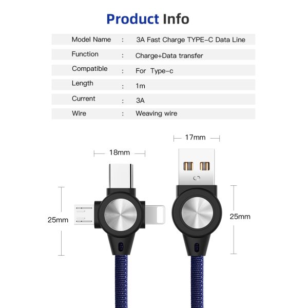 3.3 Ft Nylon Braided 5000 Times 8 Pin 3A USB 2.0 Cable