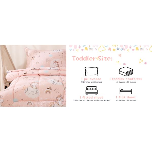 Pink Unicorn Toddler Microfiber Bedding Set - 4 Piece Comforter & Sheets