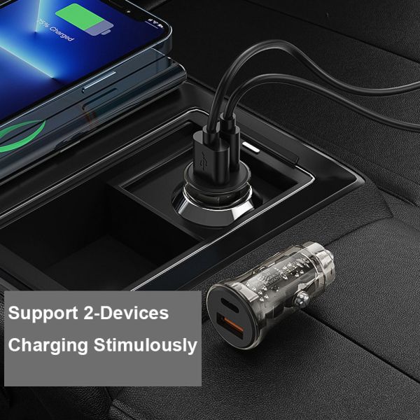 C Transparent USB Type Car Charger Fast 30W 6A QC3.0 PD For IPhone 13 Pro Max