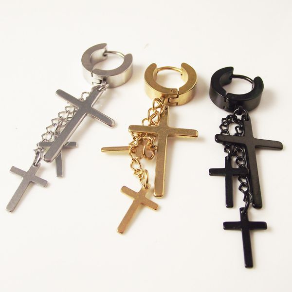 Punk Stainless Steel Stud Earring Men Cross Earring Fashion Tassels Crosses Body Piercing Jewelry Black