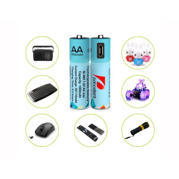 Micro USB Port Charging USB AA Battery 1000mAh 1.2V NiMh Material Customized Color