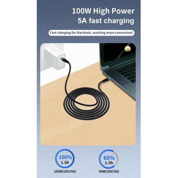 PD 100 Watt Usb C Cable , 6FT Black Type C Fast Charging Cable