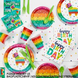 China Happy Birthday Party Decoration Set Tie-Dye Disposable Banner Paper Plates Tableware Set wholesale