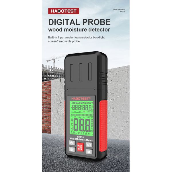 HT633 Wood Moisture Meter Pin Type Digital Moisture Detector Ambient Temperature Humidity with LCD Backlight Display