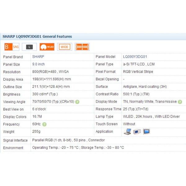 LQ090Y3DG01 Medical LCD Panel Industrial Display 300 cd/m2 Luminance