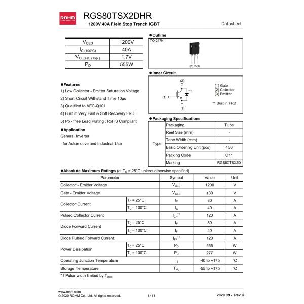 RGS80TSX2DHRC11 TO-247N ROHM Semiconductor IGBT Trench Field Stop 1200 V 80 A 555 W