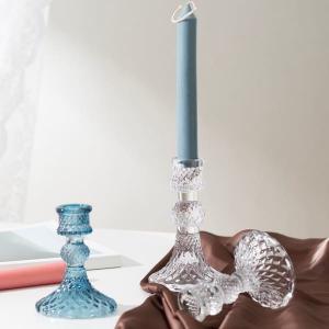 China Blue Depression Tapered Color Glass Candle Holder Pressed Diamond Pattern on sale