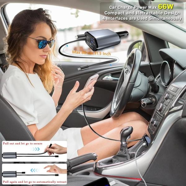 4IN1 Car Fast Charger USB Type C Cable For IPhone Huawei Samsung Cigarette Lighter