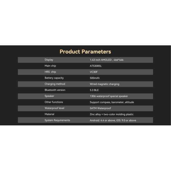 DM56 Sport Smart Watch 1.43inch AMOLED Display GPS 5ATM Waterproof 500mAh Battery