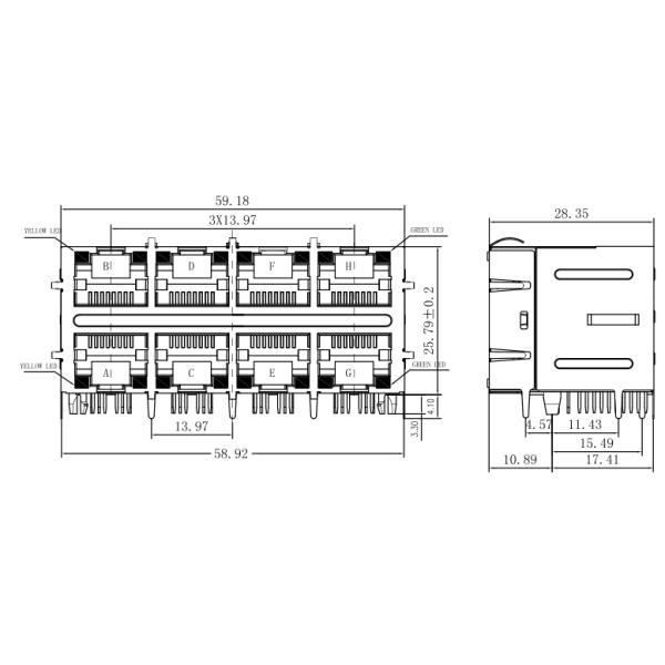 Stacked RJ45 2x4 Gigabit Dual Rows W/LED XFGIGH-STKVDYG8-4 , XFGIGH-STKVDxu8-4