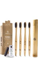 Bamboo Toothbrush (4 Pack) with Travel Case Charcoal Dental Floss Natural Bamboo Toothbrush Set