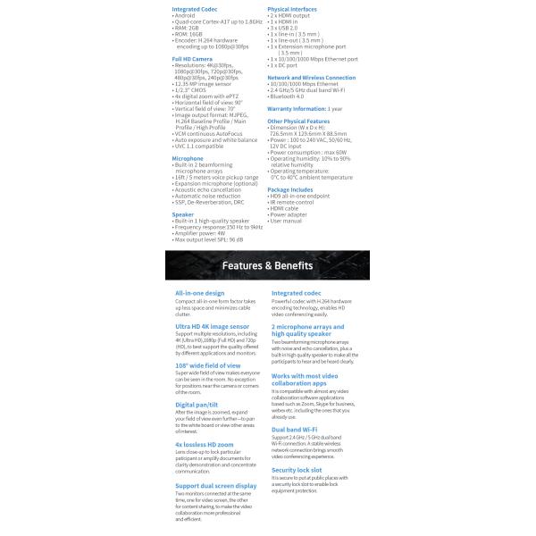 Android All-in-one Camera builded in Microphone and Speaker 4K ultra HD conference camera system