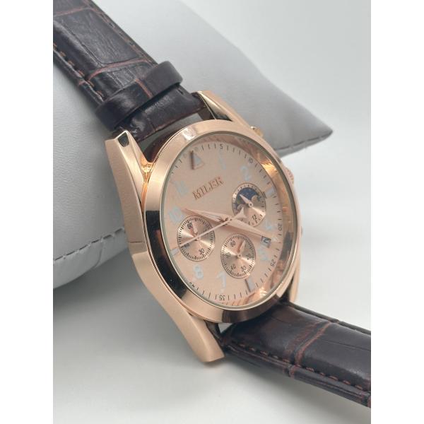 Three-Eyed Six-Needle Quartz Black Leather Wristwatch With Luminous Hands