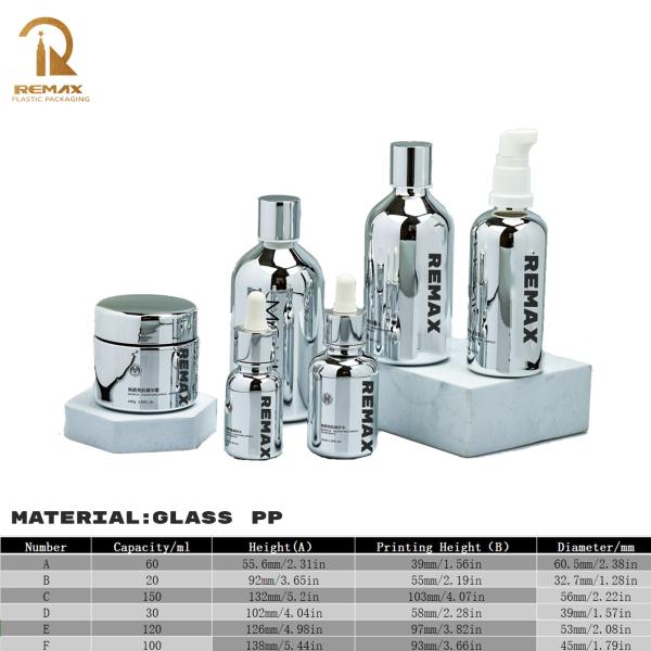 60g 20ml 30ml 100ml 120ml 150ml Silver-Plated Glass Cosmetics Packaging Lotion Dropper Bottle And Cream Jar Set