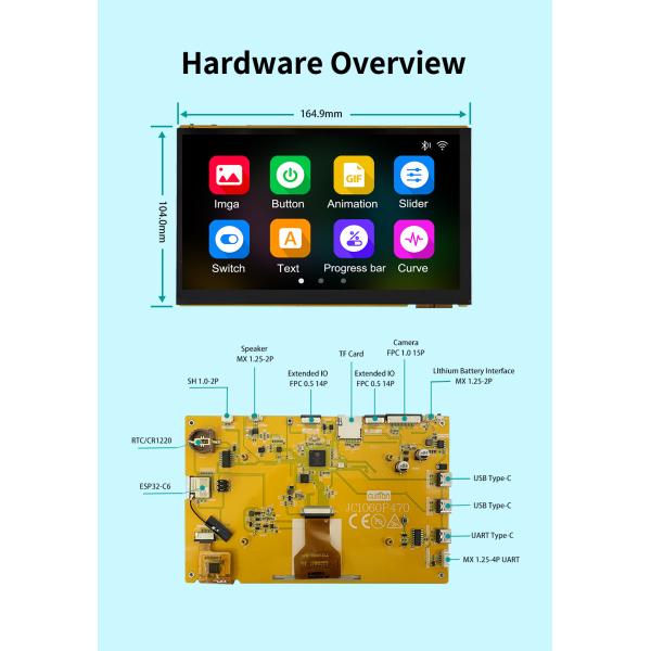 JC1060P470C_I_W is an affordable and compact 5V ESP32 display module with JD9165 driver chip. The product weighs approximately 260g and has a 16.7M