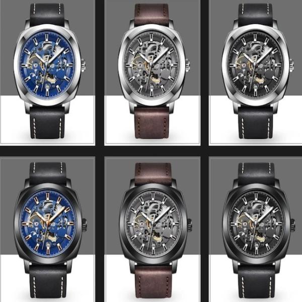 Skeleton Mechanical Waterproof Quartz Watch 45mm Dia Leather Strap Mens Watch