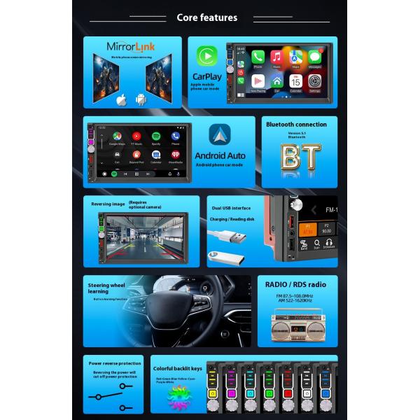 Creatall 7-Inch Dual Reel Reverse Camera MP5 Player for Bluetooth Central Control Screen CarPlay Navigation Android Auto Mirror