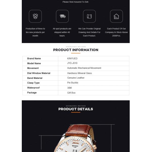 KINYUED Power Reserve Sport Custom Waterproof Watch Genuine Leather Strap For Watch Mechanical Wristwatch