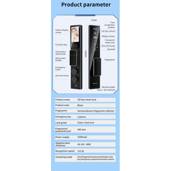 Face Recognition Door Lock Rechargeable Battery Tuya App With Video Calling