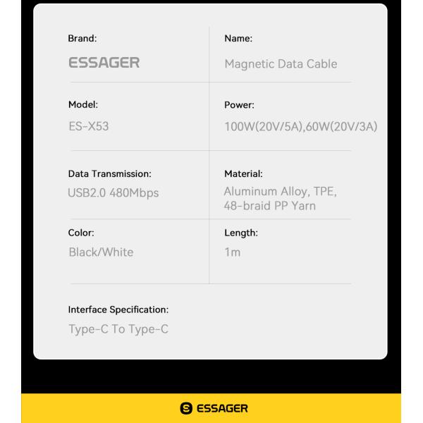 USB C To USB C Magnetic Cables 100W 1m 480Mbps ES-X53 Series