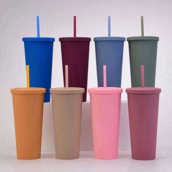 Customization Lightweight Insulated Plastic Tumblers Double Wall Sports Reusable Plastic Iced Coffee Cups With Straw 17*10.2cm/28.2*10.5cm
