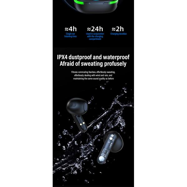 On-Ear Style Waterproof TWS Earphones with Low Latency and Transparent LCD Display