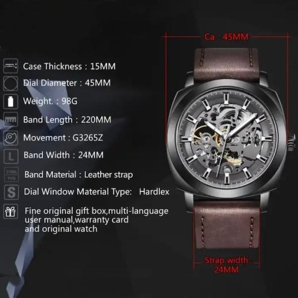 Skeleton Mechanical Waterproof Quartz Watch 45mm Dia Leather Strap Mens Watch