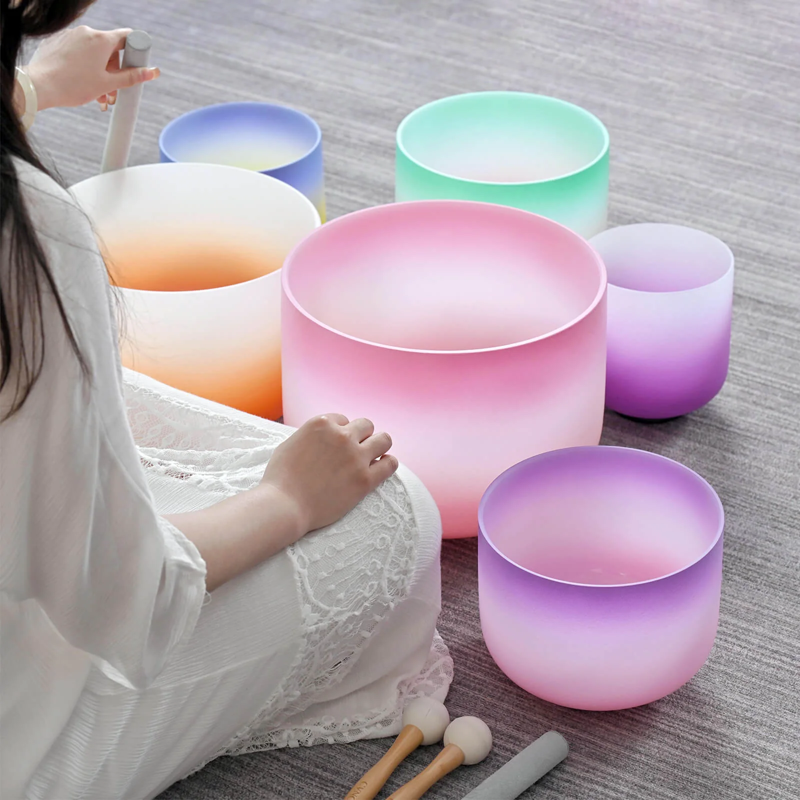 China Alchemy Magic Colorful Clear Quartz Crystal Singing Bowl Set Sound Therapy Healing Bowl Products For Sound Therapy on sale