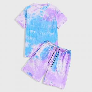 China small quantity clothing manufacturers Men'S Summer 2pc Tie Dye Round Neck Short Sleeve Casual Suit on sale