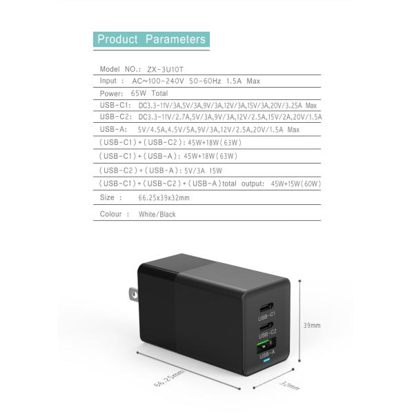 GAN 65W 3 ports usb type-c PD PPS super fast charging adapter chargers for Macbook