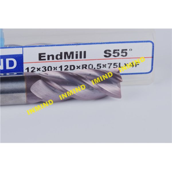 high hardness R0.5 Corner 10mm / 12mm AOL 75mm Corner Radius end mill upto HRC65 4 Flute ALCRONA Coating