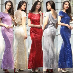 China hot sale polyester short sleeve long women Bodycon evening beaded dress with gold sequin in red blue purple gray beige wholesale