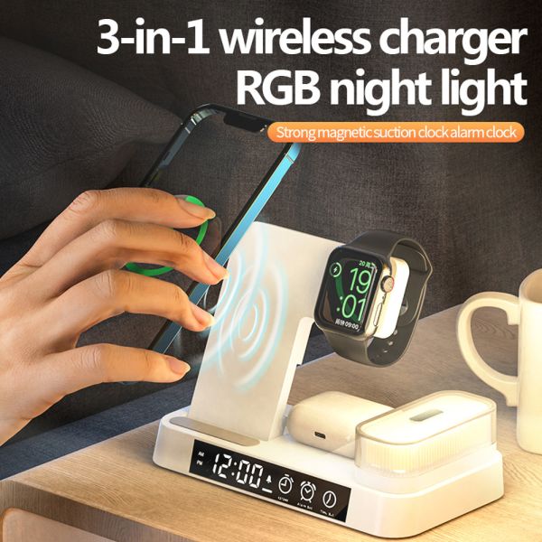 Qi 3 In 1 Fast Wireless Charger Stand Nightlight 30W For Watch 7 Airpods Pro