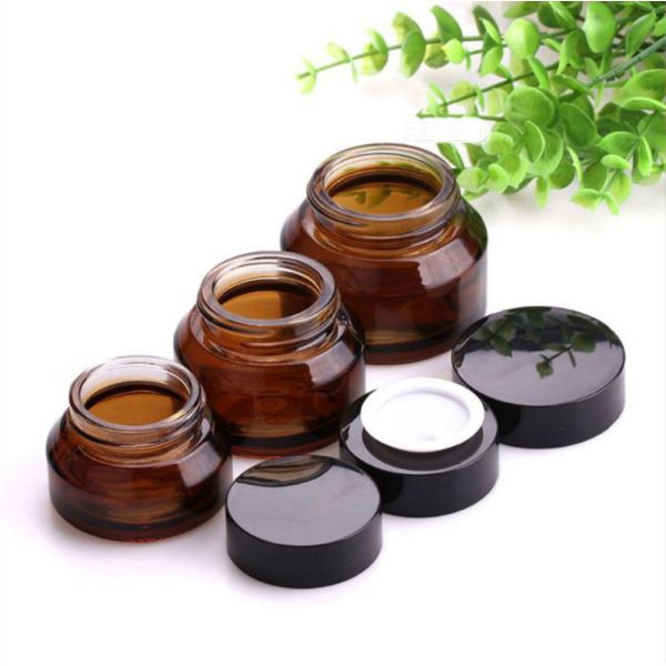Amber Glass Empty Cosmetic Cream Jar Elegant Black Lid Aluminum Cap