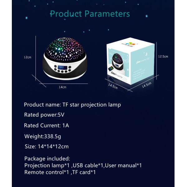 Built-in 12 Light Songs 360 Degree Rotating 8 Colorful Night Light Projector Remote Control and Timer Design Projection
