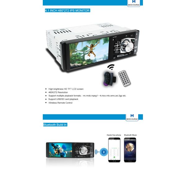 LCD Screen 1 Din Car Stereo / Multimedia Car Player With MP5 FM USB Bluetooth