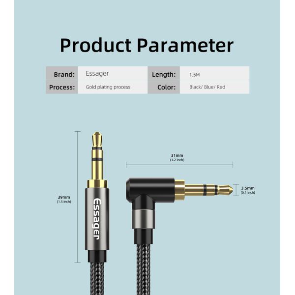 3.5mm AUX Cable Elbow Male To Male Audio Jack Cable 90 Degree