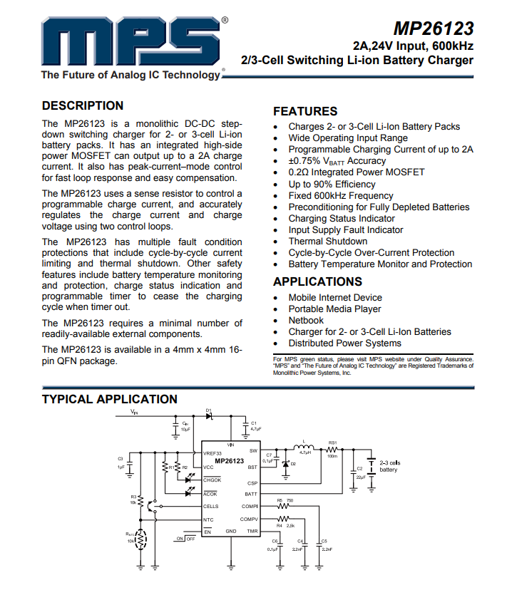 MP26123DR-LF-Z Charger IC Lithium Ion 16-QFN (4x4)