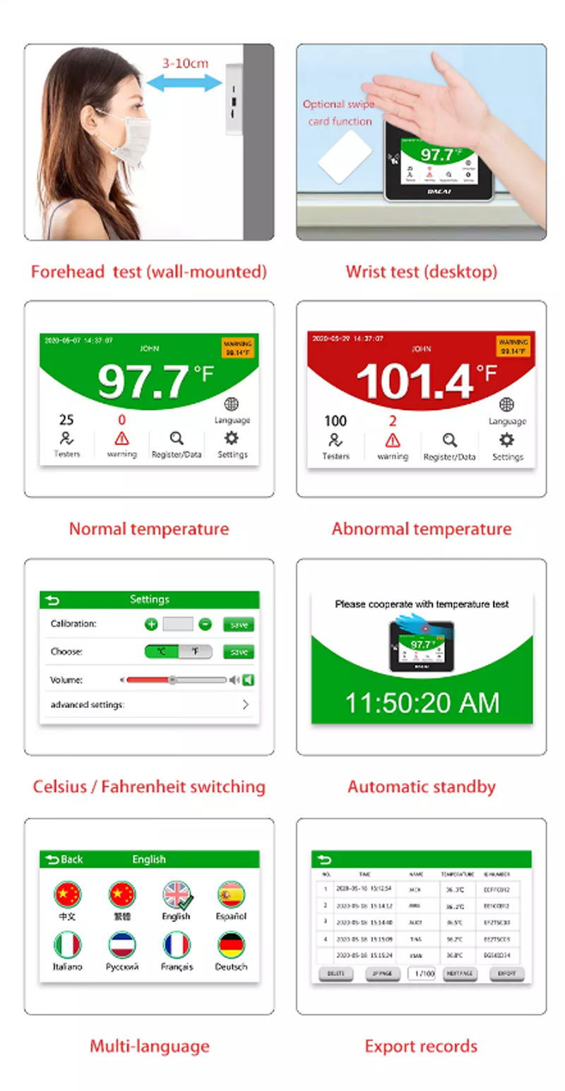 No Contact Body Infrared Temperature Tester 4.3" LCD Screen IC Card Access Control Attendance System