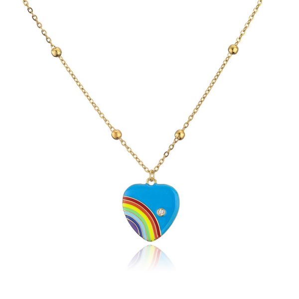 Rainbow Enamel 14k Gold Jewelry Thin Bead Chain Necklace Heart Shaped
