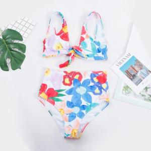 China push up bathing suits Tie a Knot Two-piece  Bathing Suit Bikini With Flower Print High Waist Swimsuit wholesale