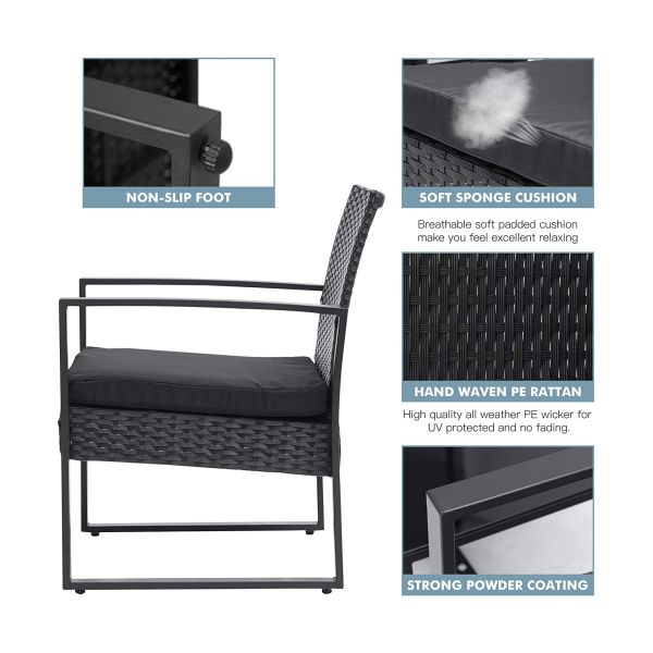 Three Pieces Wicker Rattan Set With Coffee Table Chairs Thick Cushions