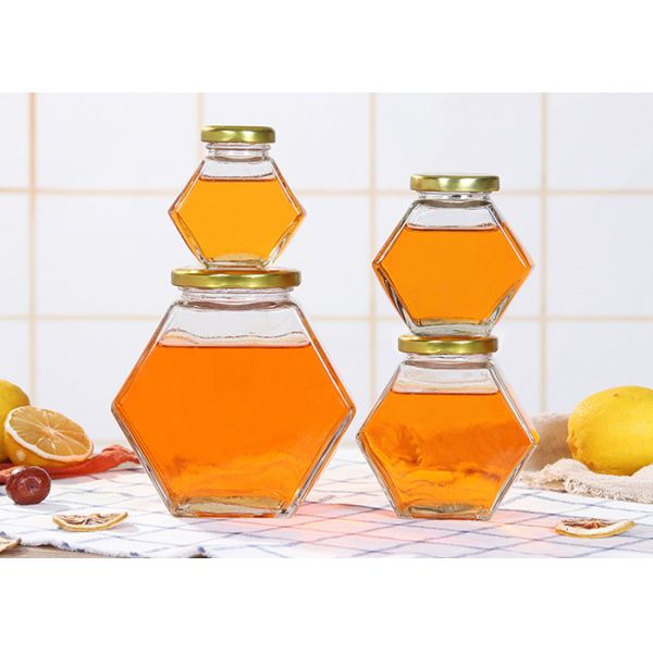 250ml-750ml Glass Honey Jars With Lids , Hexagon Glass Jars Clear Color