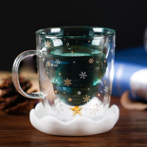 Christmas Wish Tree 250ml Glass Cup ,Insulated Glass Coffee Mugs With Lid