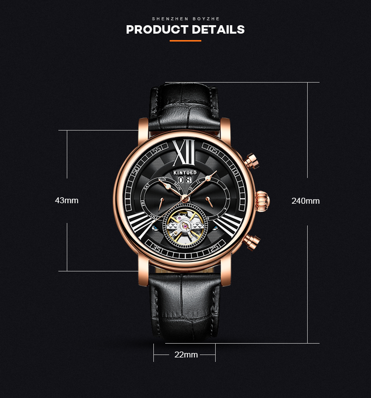 KINYUED Skeleton Leather Band Mechanical Men Watch tourbillon watch automatic