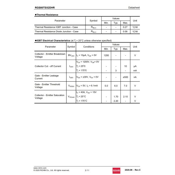 RGS80TSX2DHRC11 TO-247N ROHM Semiconductor IGBT Trench Field Stop 1200 V 80 A 555 W
