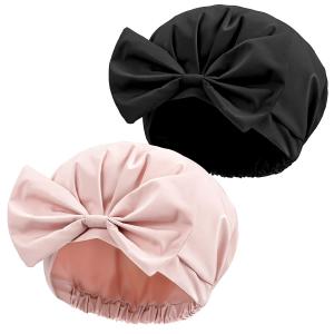 China Reusable Waterproof Shower Turban Pink Black Bowknot Extra Large Bouffant Shower Caps on sale