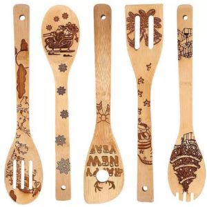 Halloween Christmas Bamboo Kitchen Utensils Laser Engraved Bamboo Cutlery Set