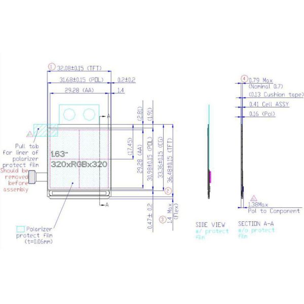 1.63 Inch Square Oled Display, 320x320 Mipi Interface, IC RM69032 Driving