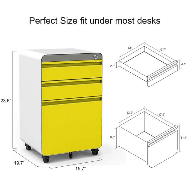 Round Edge 3 Drawer Metal Mobile File Cabinets With Lock
